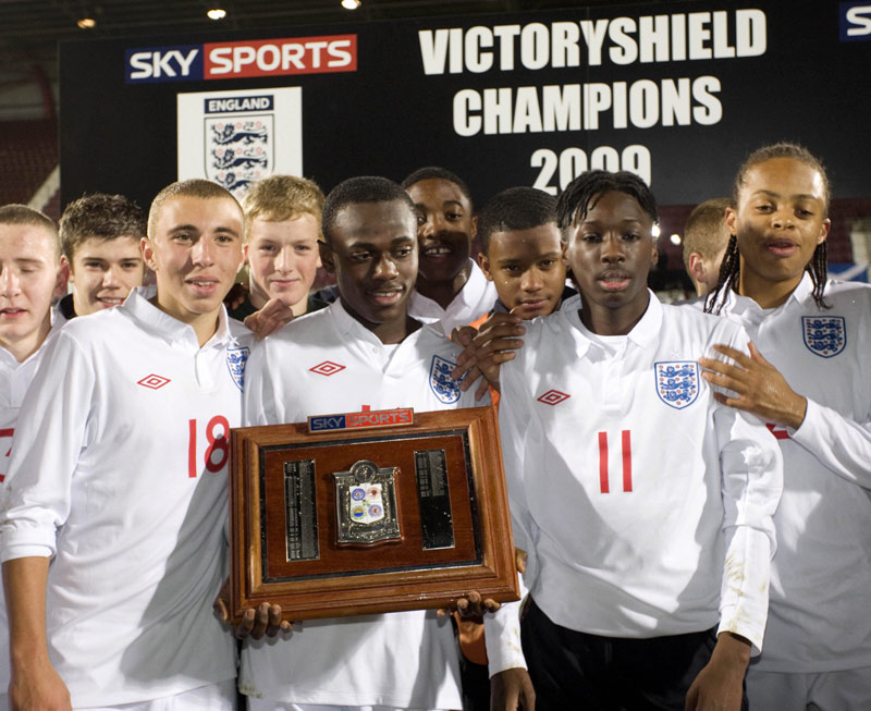 England's U16 players celebrate their success in the Victory Shield.